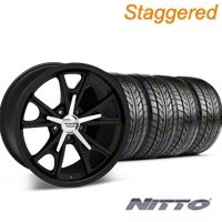 Staggered Matte American Racing Black Daytona Wheel & NITTO Tire Kit - 20x8.5/9.5 (05-14 GT, V6) - American Racing KIT 27218||27220||76005||76006