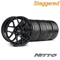 Staggered Black AMR Wheel & NITTO Tire Kit - 18x9/10 (05-14 All) - AmericanMuscle Wheels KIT||33780||33782||76009||76010