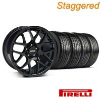 Staggered Black AMR Wheel & Pirelli Tire Kit - 19x8.5/10 (05-14 All) - AmericanMuscle Wheels KIT||33783||33784||63101||63102