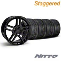 Staggered Black 2010 Style GT500 Wheel & NITTO Invo Tire Kit - 19x8.5/10 (05-14 All) - AmericanMuscle Wheels KIT28236||28239||79520||79521