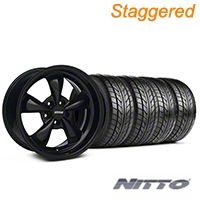 Staggered Solid Black Bullitt Wheel & NITTO Tire Kit 17x9/10.5 (99-04 All) - AmericanMuscle Wheels KIT||28480||28479||76000||76014
