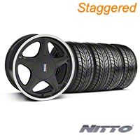 Black w/Machined Lip Pony Style Wheel & NITTO Tire Kit- 17x8/9 (87-93; Excludes 93 Cobra) - AmericanMuscle Wheels KIT||9977||99380||76000||76004