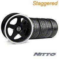 Staggered Black SC Style Wheel & NITTO Tire Kit- 17x8/10 (87-93; Excludes 93 Cobra) - AmericanMuscle Wheels KIT||10090||28367||76004||76000