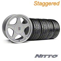 Staggered Silver w/Machined Lip Pony Style Wheel & NITTO Tire Kit- 17x8/10 (87-93; Excludes 93 Cobra) - AmericanMuscle Wheels KIT||99378||99384||76000||76004