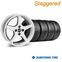 Staggered Silver 1995 Style Cobra R Wheel & Sumitomo Tire Kit - 17x8/9 (87-93; Excludes 93 Cobra) - AmericanMuscle Wheels KIT||28314||28377||63010||63001
