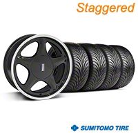 Staggered Black w/Machined Lip Pony Style Wheel & Sumitomo Tire Kit - 17x8/9 (87-93; Excludes 93 Cobra) - AmericanMuscle Wheels KIT||99379||99382||99377||99380