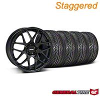 Staggered Black AMR Style Wheel & General Tire Kit - 19x8.5/10 (05-14 All) - AmericanMuscle Wheels KIT||33783||33784||63106||63107