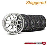 Staggered Silver AMR Style Wheel & General Tire Kit - 19x8.5/10 (05-14) - AmericanMuscle Wheels KIT||33803||33806||63106||63107