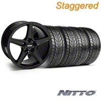 Staggered Black Saleen Style Wheel & NITTO Tire Kit - 17x9/10.5 (99-04 All) - AmericanMuscle Wheels KIT||28384||28385||76000||76014