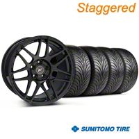 Staggered Piano Black Forgestar F14 Monoblock Wheel & Sumitomo Tire Kit - 18x9/10 (99-04 All) - Forgestar KIT||29834||29835||63006||63016