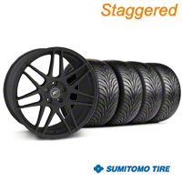 Staggered Textured Black Forgestar F14 Monoblock Wheel & Sumitomo Tire Kit - 18x9/10 (99-04 All) - Forgestar KIT||29838||29839||63006||63016