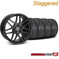 Staggered Piano Black Forgestar F14 Wheel & General Tire Kit - 19x9/10 (05-14 All) - Forgestar KIT||29620||29621||63106||63107