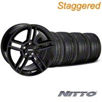 Staggered Black 2010 Style GT500 Wheel & NITTO Invo Tire Kit - 18x9/10 (05-14 All) - AmericanMuscle Wheels KIT33615||33616||76005||76006