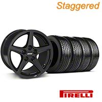 Staggered Black Saleen Style Wheel & Pirelli Tire Kit - 19x8.5/10 (05-14 All) - AmericanMuscle Wheels KIT||99259||99260||63101||63102