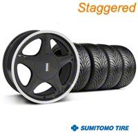 Staggered Black w/Machined Lip Pony Style Wheel & Sumitomo Tire - 5 Lug Kit - 17x8/10 (87-93; Excludes 93 Cobra) - AmericanMuscle Wheels KIT||99213||99265||63001||63010