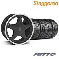 Staggered Black w/Machined Lip Pony Style Wheel & NITTO Tire - 5 Lug Kit - 17x8/10 (87-93; Excludes 93 Cobra) - AmericanMuscle Wheels KIT||99213||99265||76000||76004