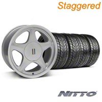 Staggered Silver w/Machined Lip Pony Style Wheel & NITTO Tire - 5 Lug Kit - 17x8/10 (87-93; Excludes 93 Cobra)