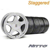 Staggered Chrome Pony Style Wheel & NITTO Tire - 5 Lug Kit - 17x8/10 (87-93; Excludes 93 Cobra)