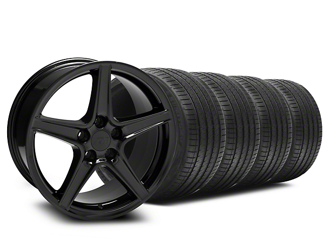 Staggered Saleen Style Black Wheel and Sumitomo Maximum Performance HTR Z5 Tire Kit; 18x9/10 (99-04 Mustang)