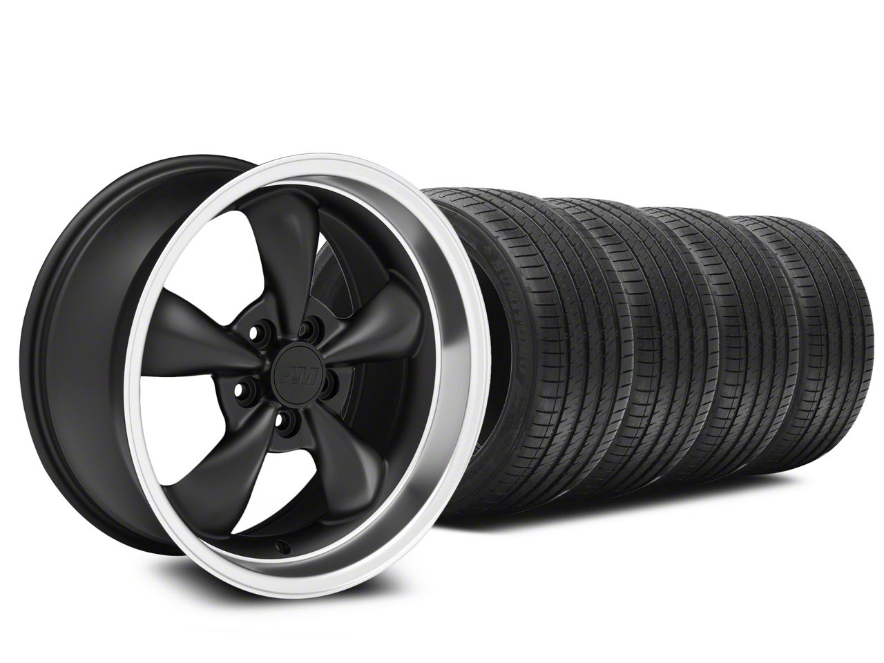 Staggered Bullitt Matte Black Wheel and Sumitomo Maximum Performance HTR Z5 Tire Kit; 18x9/10 (94-98 Mustang)