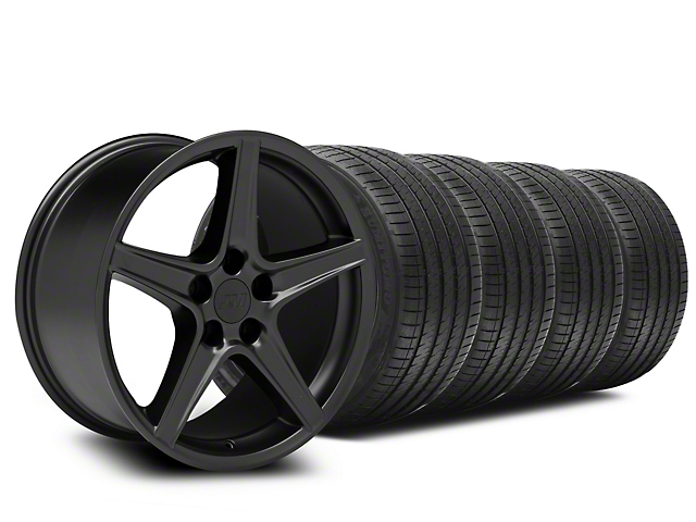 Staggered Saleen Style Matte Black Wheel and Sumitomo Maximum Performance HTR Z5 Tire Kit; 18x9/10 (99-04 Mustang)
