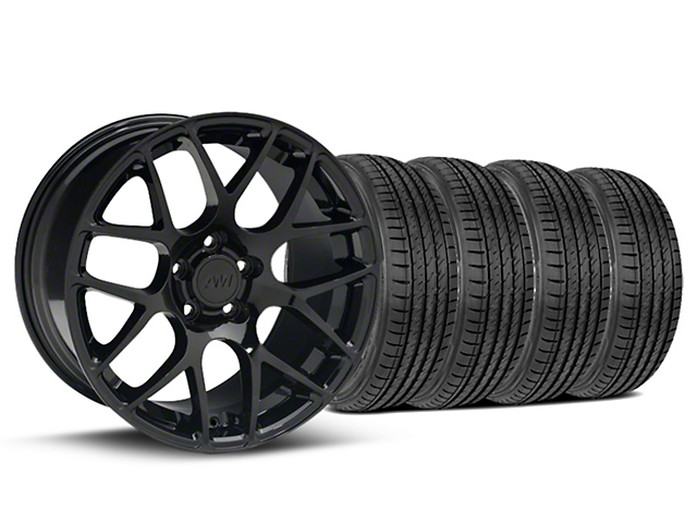 Staggered AMR Black Wheel and Sumitomo Maximum Performance HTR Z5 Tire Kit; 19x8.5/10 (05-14 Mustang)