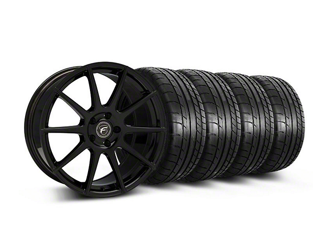 Staggered Forgestar CF10 Monoblock Piano Black Wheel and Mickey Thompson Tire Kit; 19x9/10 (05-14 Mustang)