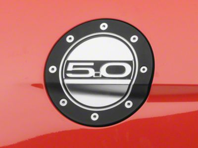 Drake Muscle Cars Competition Series Fuel Door with 5.0 Logo; Black and Silver (15-23 Mustang)