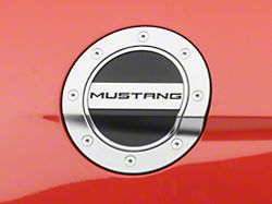 Drake Muscle Cars Competition Series Fuel Door with Mustang Logo; Silver and Black (15-23 Mustang)