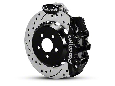 Wilwood AERO4 MC4 Rear Big Brake Kit with Drilled and Slotted Rotors; Black Calipers (15-23 Mustang)