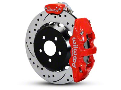 Wilwood AERO4 MC4 Rear Big Brake Kit with Drilled and Slotted Rotors; Red Calipers (15-23 Mustang)