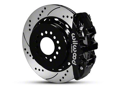 Wilwood AERO4 Rear Big Brake Kit with Drilled and Slotted Rotors; Black Calipers (05-14 Mustang)