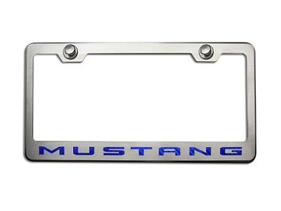 Polished/Brushed License Plate Frame with Solid Ford Blue 2010 Style Mustang Lettering (Universal; Some Adaptation May Be Required)