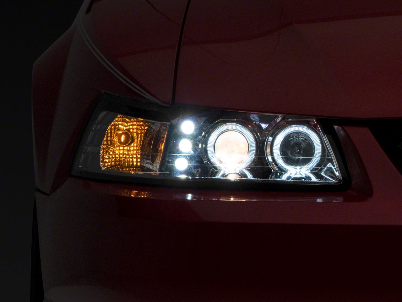 LED Halo Projector Headlights; Chrome Housing; Clear Lens (99-04 Mustang)