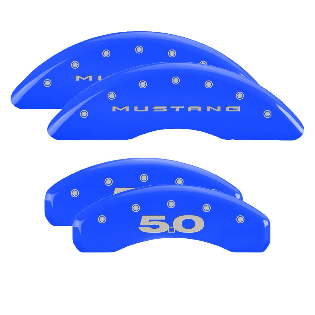 MGP Mustang Grabber Blue Caliper Covers with 5.0 Logo; Front and Rear 10200SM52GB (1523 Mustang