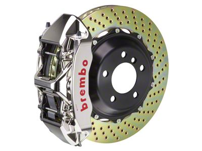 Brembo GT Series 6-Piston Front Big Brake Kit with 15-Inch 2-Piece Cross Drilled Rotors; Nickel Plated Calipers (05-14 Mustang Standard GT, V6)