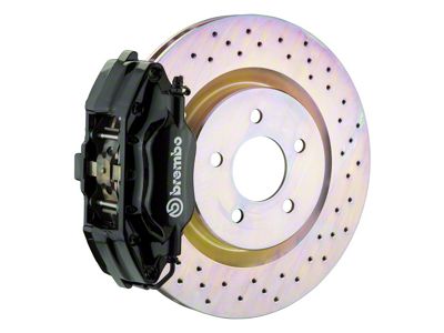Brembo GT Series 4-Piston Front Big Brake Kit with 13-Inch 1-Piece Cross Drilled Rotors; Black Calipers (94-04 Mustang)