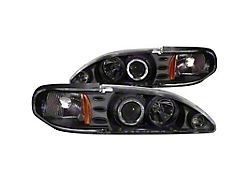 1-Piece LED Halo Projector Headlights; Black Housing; Clear Lens (94-98 Mustang)