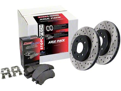 StopTech Street Axle Drilled and Slotted Brake Rotor and Pad Kit; Front (15-23 Mustang GT w/ Performance Pack)