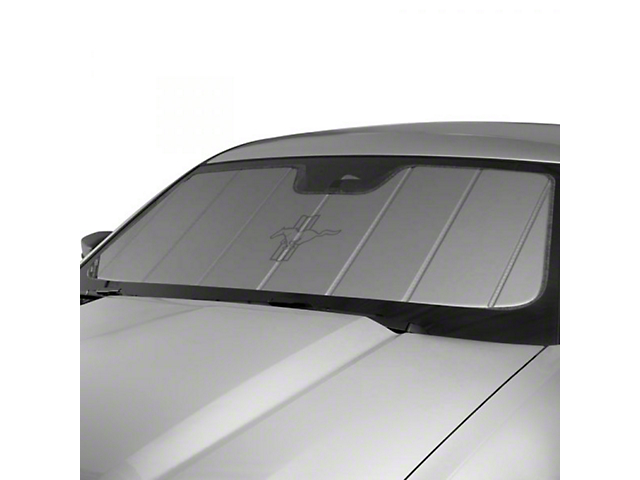 Covercraft UVS100 Heat Shield Custom Sunscreen with Black Mustang Tri-Bar Logo; Silver (13-14 Mustang)