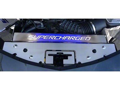 Illuminated Front Header Plate with Supercharged Lettering; Polished (16-23 V6, V8 Camaro)