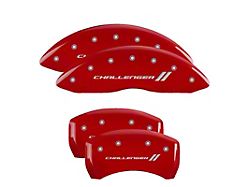 MGP Red Caliper Covers with Challenger Stripes Logo; Front and Rear (11-23 Challenger R/T; 2014 Challenger Rallye Redline; 17-23 Challenger GT, T/A; 12-23 Challenger SXT w/ Dual Piston Front Calipers)
