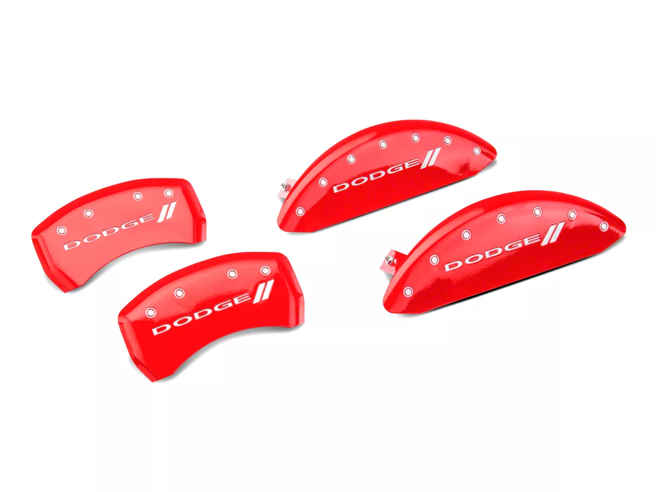 MGP Red Caliper Covers with Dodge Stripes Logo; Front and Rear (11-23 Challenger R/T; 2014 Challenger Rallye Redline; 17-23 Challenger GT, T/A; 12-23 Challenger SXT w/ Dual Piston Front Calipers)