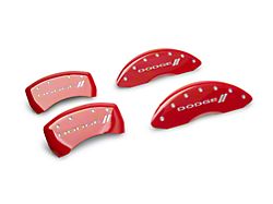 MGP Red Caliper Covers with Dodge Stripes Logo; Front and Rear (2011 SE; 11-14 Challenger R/T w/ Single Piston Front Calipers; 12-23 Challenger SXT w/ Single Piston Front Calipers)