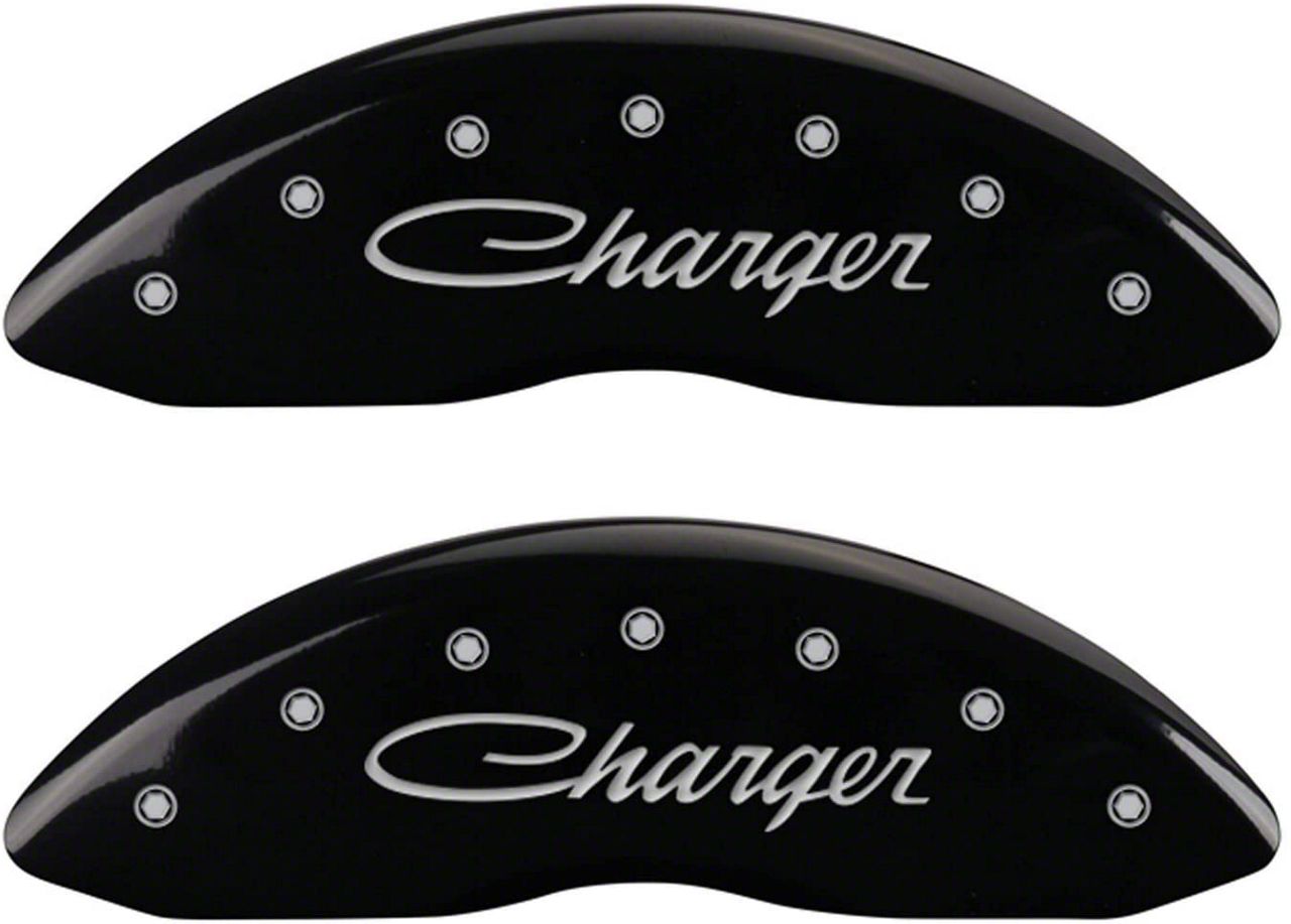 MGP Challenger Black Caliper Covers with Cursive Charger Logo; Front