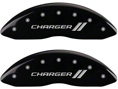 MGP Black Caliper Covers with Charger Stripes Logo; Front and Rear (06-14 Charger SRT8; 2016 Charger SRT 392)