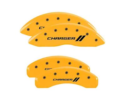 MGP Yellow Caliper Covers with Charger Stripes Logo; Front and Rear (06-14 Charger SRT8; 2016 Charger SRT 392)