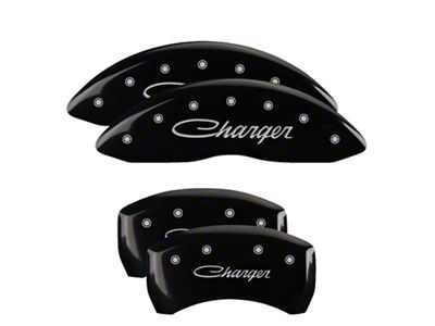 MGP Black Caliper Covers with Cursive Charger Logo; Front and Rear (06-10 Charger Daytona R/T, R/T)