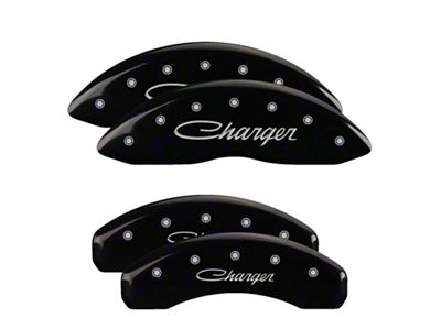 MGP Black Caliper Covers with Cursive Charger Logo; Front and Rear (06-14 Charger SRT8; 2016 Charger SRT 392)