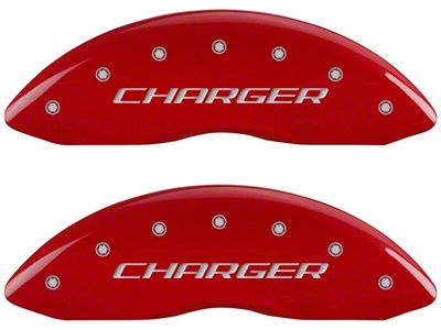 MGP Red Caliper Covers with Charger and R/T Logo; Front and Rear (06-10 Charger Daytona R/T, R/T)